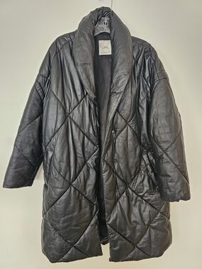Like New! Mango Black Quilted Natural-Leather Puffer Coat